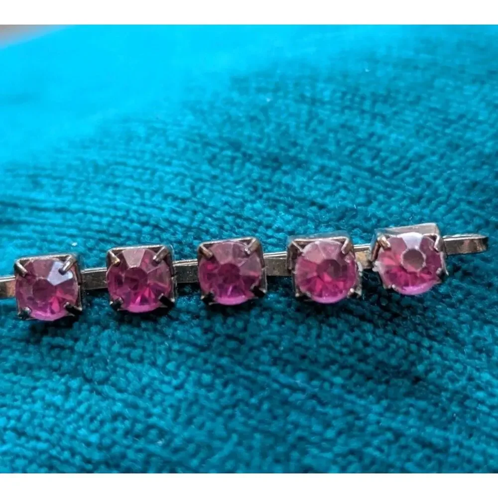 Vtg Pink Purple Rhinestone Bar Pin Hair Clip Czech Glass Silver Tone Prong Set